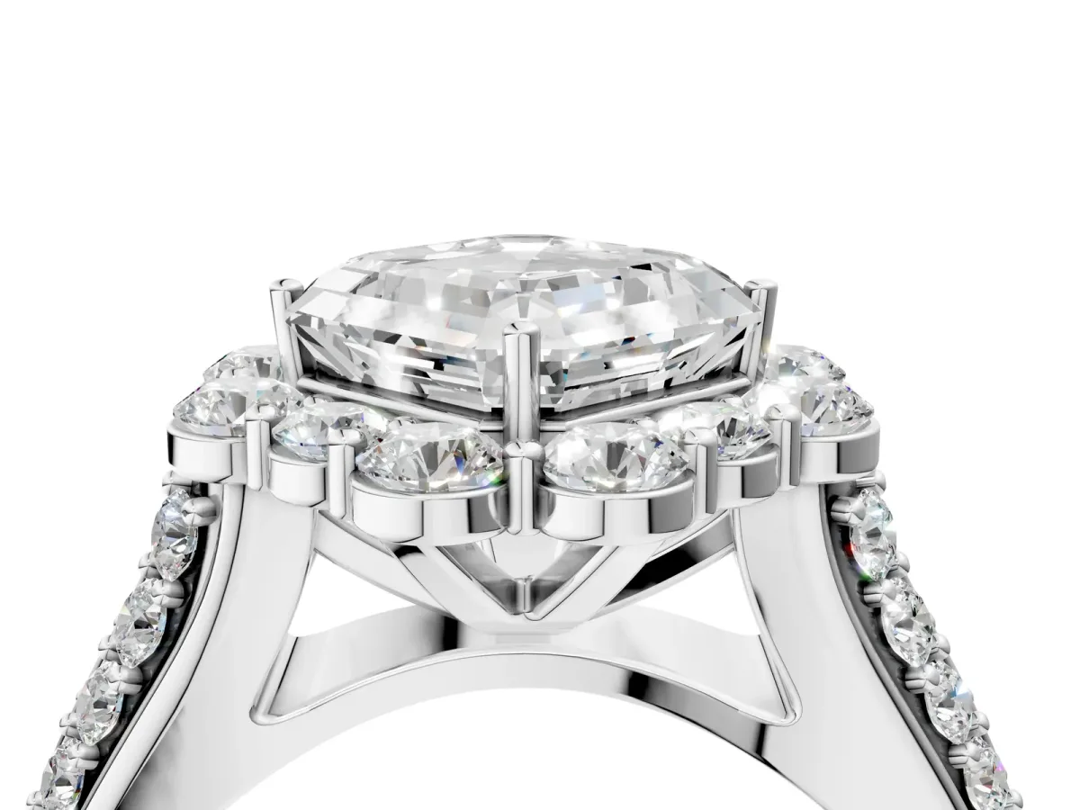 Asscher Cut Halo Diamond Engagement Ring with Split Shank and Prong Setting Platinum