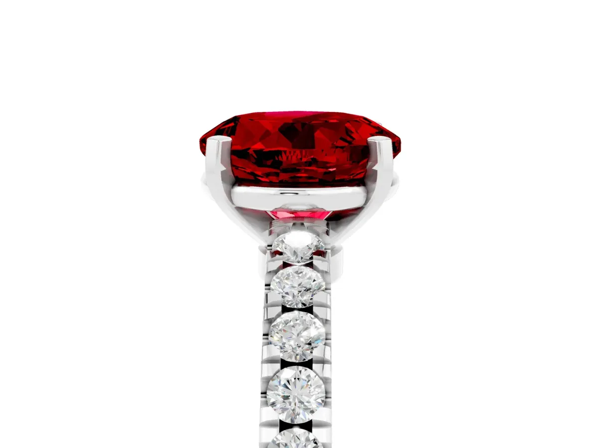 Round Cut Solitaire Ruby with Pavé Band and Four-Prong Setting Silver