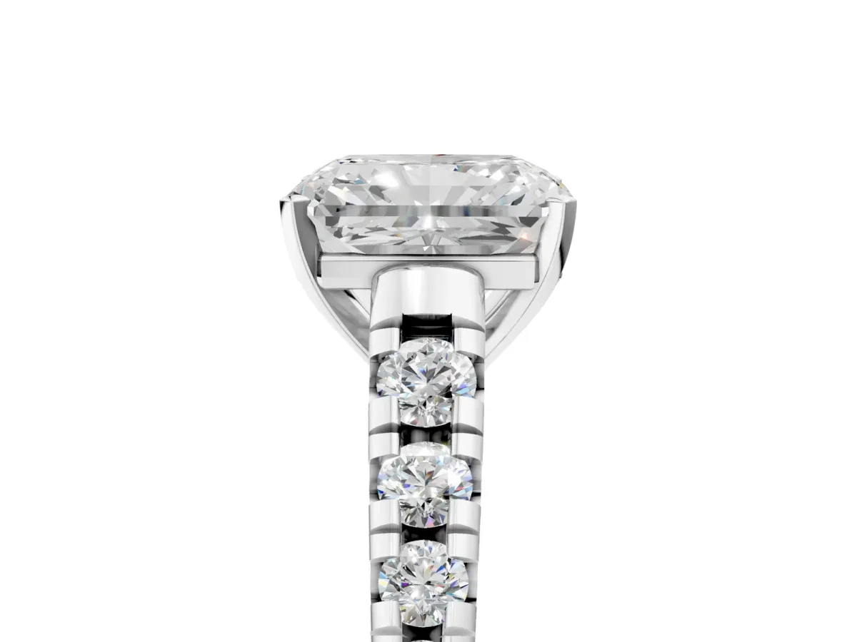 Radiant Cut Diamond Cathedral Solitaire Ring with Round Pavé Band Platinum