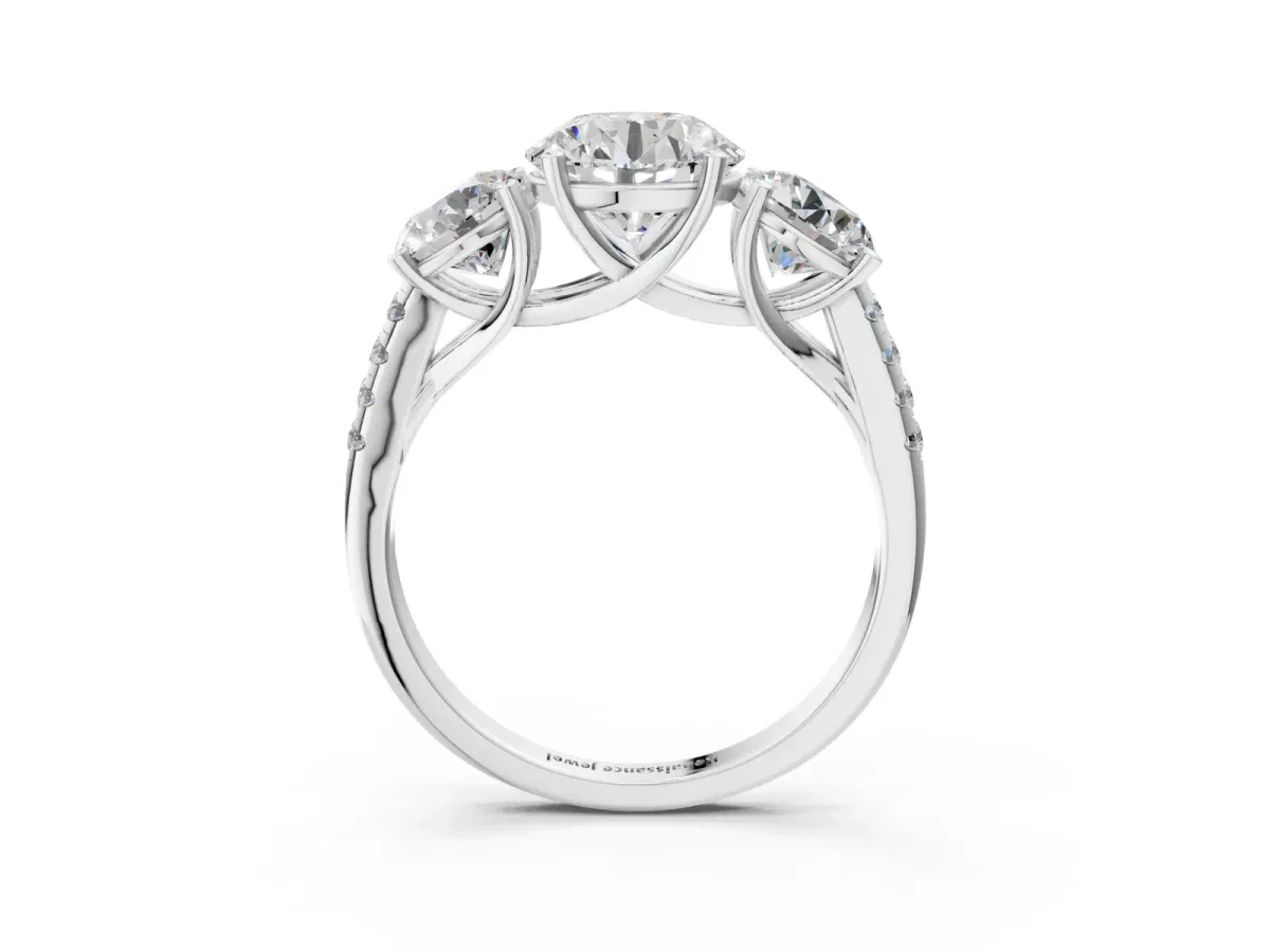 Three-Stone Round Cut Diamond Ring with Round Pavé Band and Prong Setting Silver