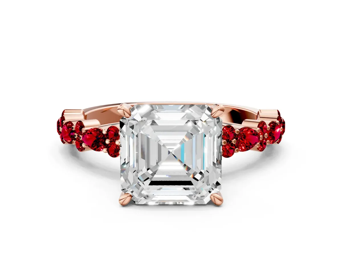 Asscher Cut Diamond Side Stone Solitaire Ring with Round Ruby and Four-Prong Setting Rose gold
