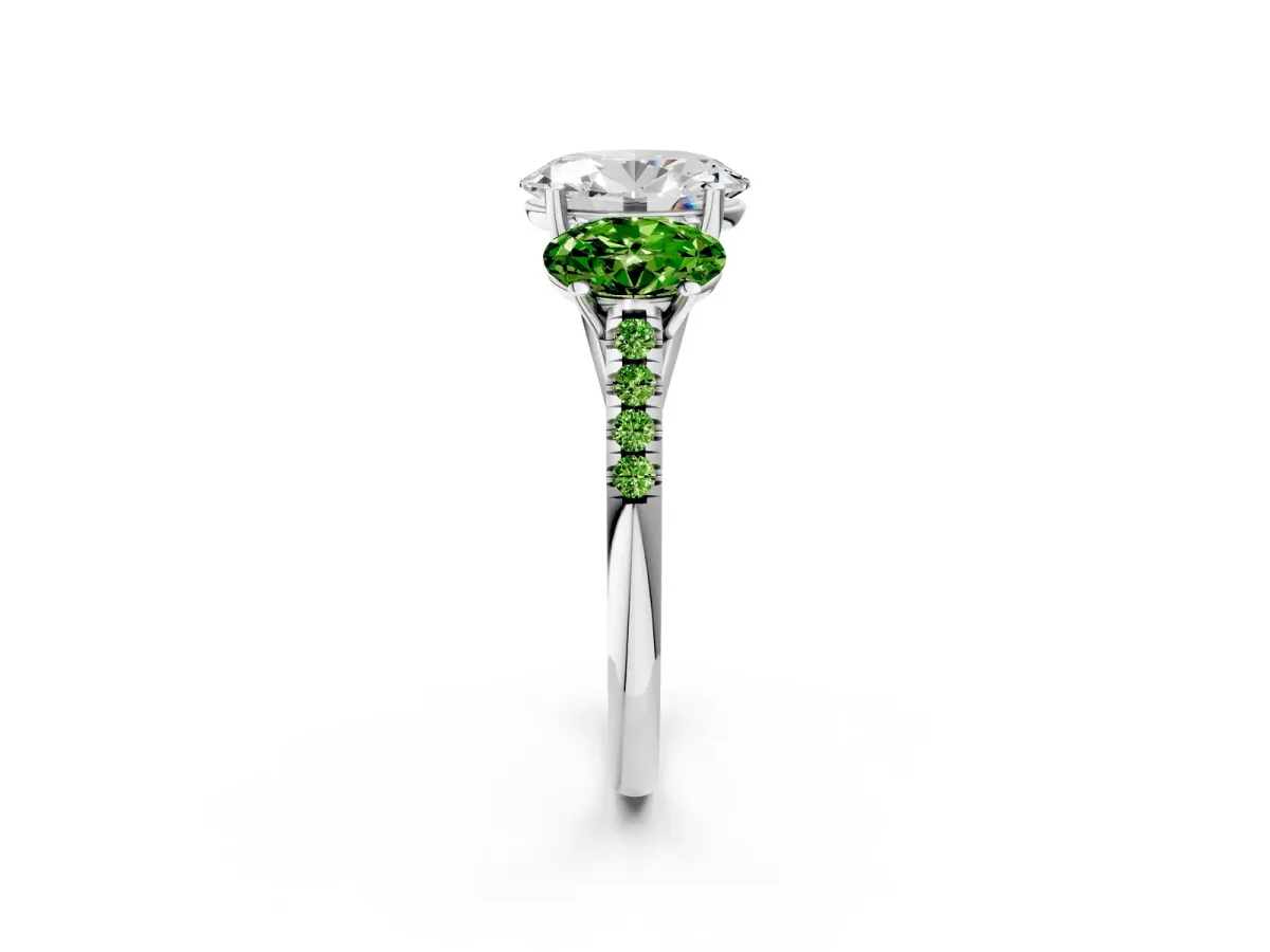 Three-Stone Oval Cut Diamond Ring with Round Peridot Pavé Band and Prong Setting Silver