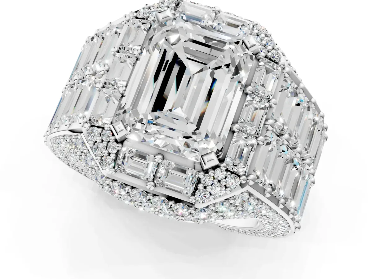 Emerald Cut Diamond Pavé Statement Mens Ring with Baguette Accents Silver