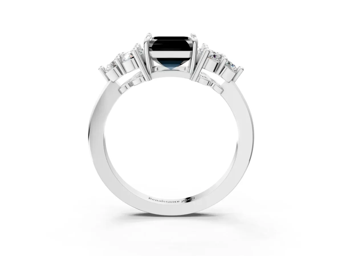 Fancy Black Asscher Cut Brilliant Diamond Cluster Accent Solitaire Ring with Prong Setting Platinum