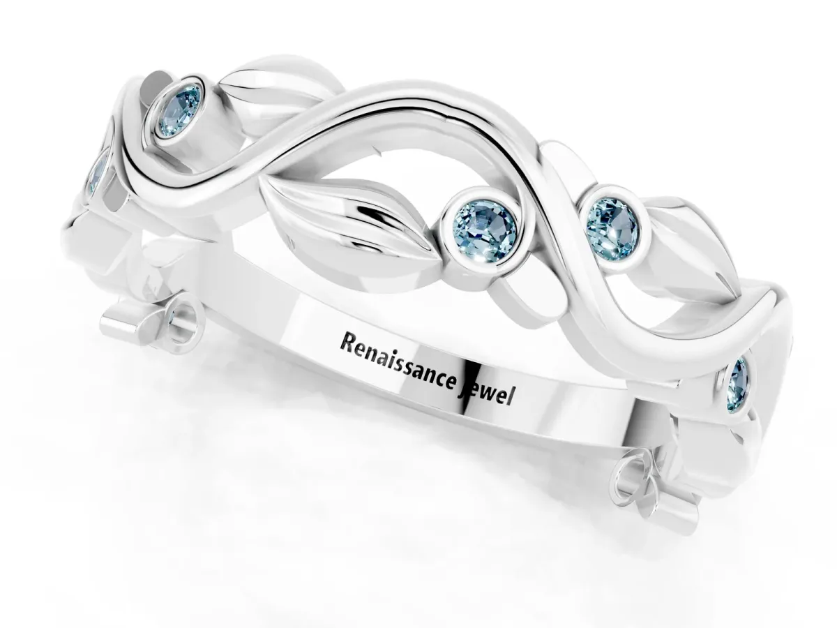 Round Aquamarine Leaf Eternity Band with Bezel Setting White gold