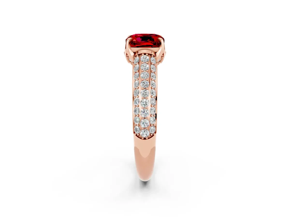 Cushion Cut Ruby Solitaire Ring with Three-Row Pavé Band and Four-Prong Setting Rose gold