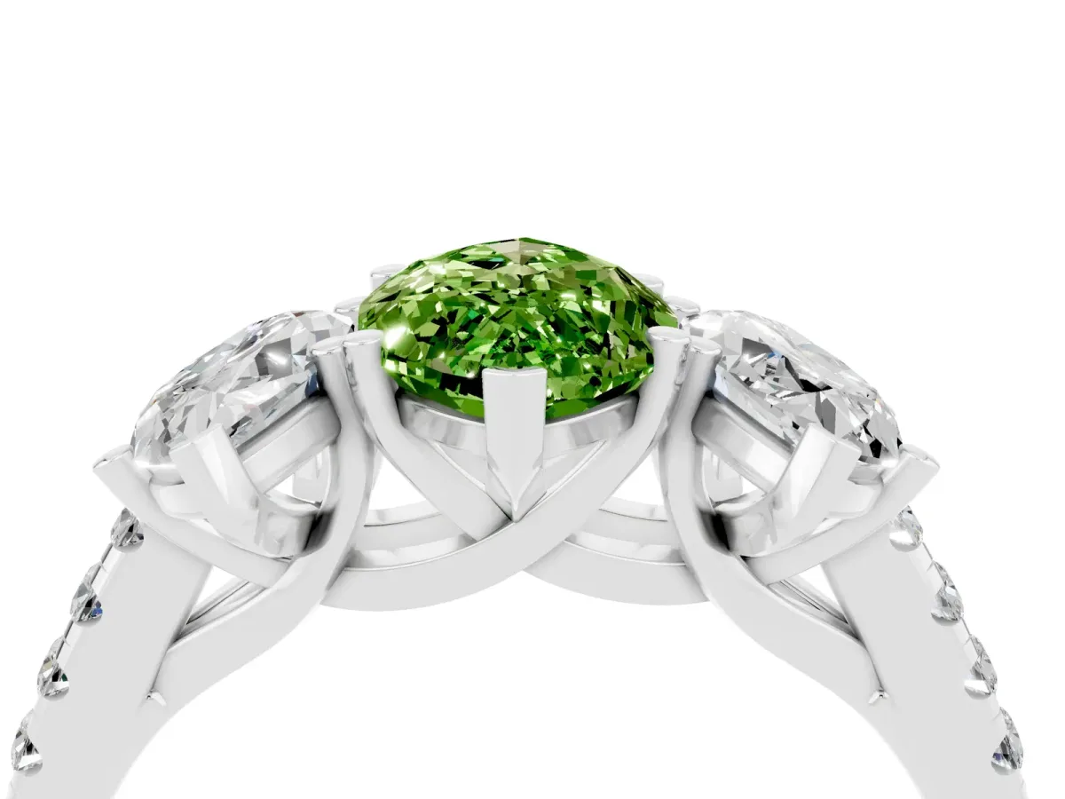 Three-Stone Marquise Cut Peridot Ring with Round Pavé Band and Prong Setting Platinum