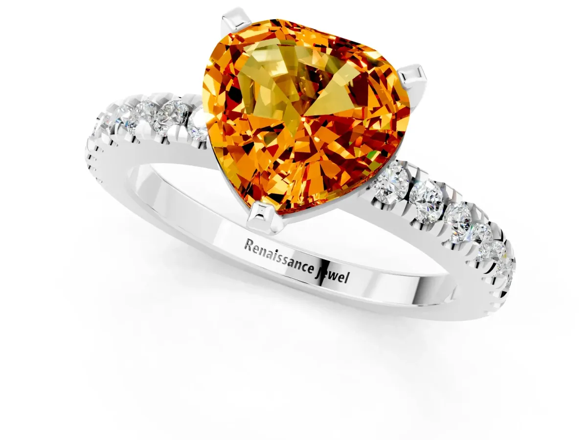 Heart Cut Solitaire Citrine with Pavé Band and Four-Prong Setting Silver
