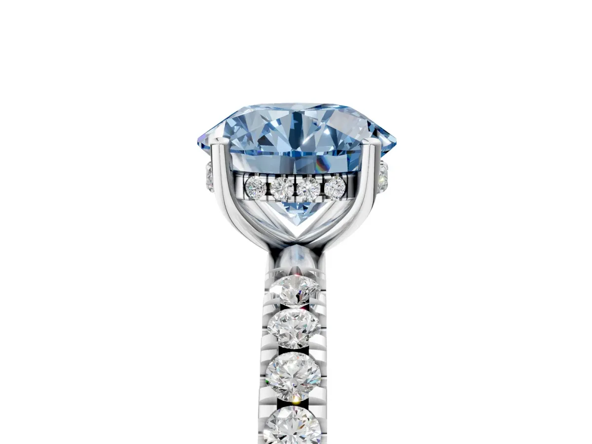 Fancy Blue Round Cut Diamond Pave Band Solitaire Ring with Round and Prong Setting Platinum