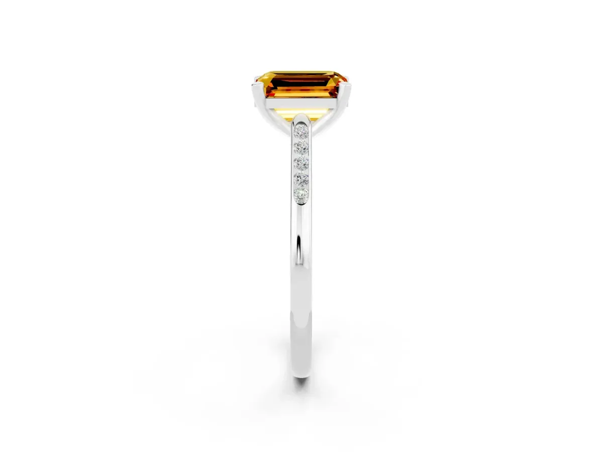 Emerald Cut Citrine Solitaire Ring with Channel Set Round Band and Prong Setting Silver