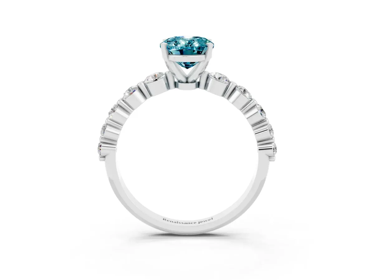 Oval Cut Solitaire Blue Topaz Ring with Pave Band and Four-Prong Setting Silver