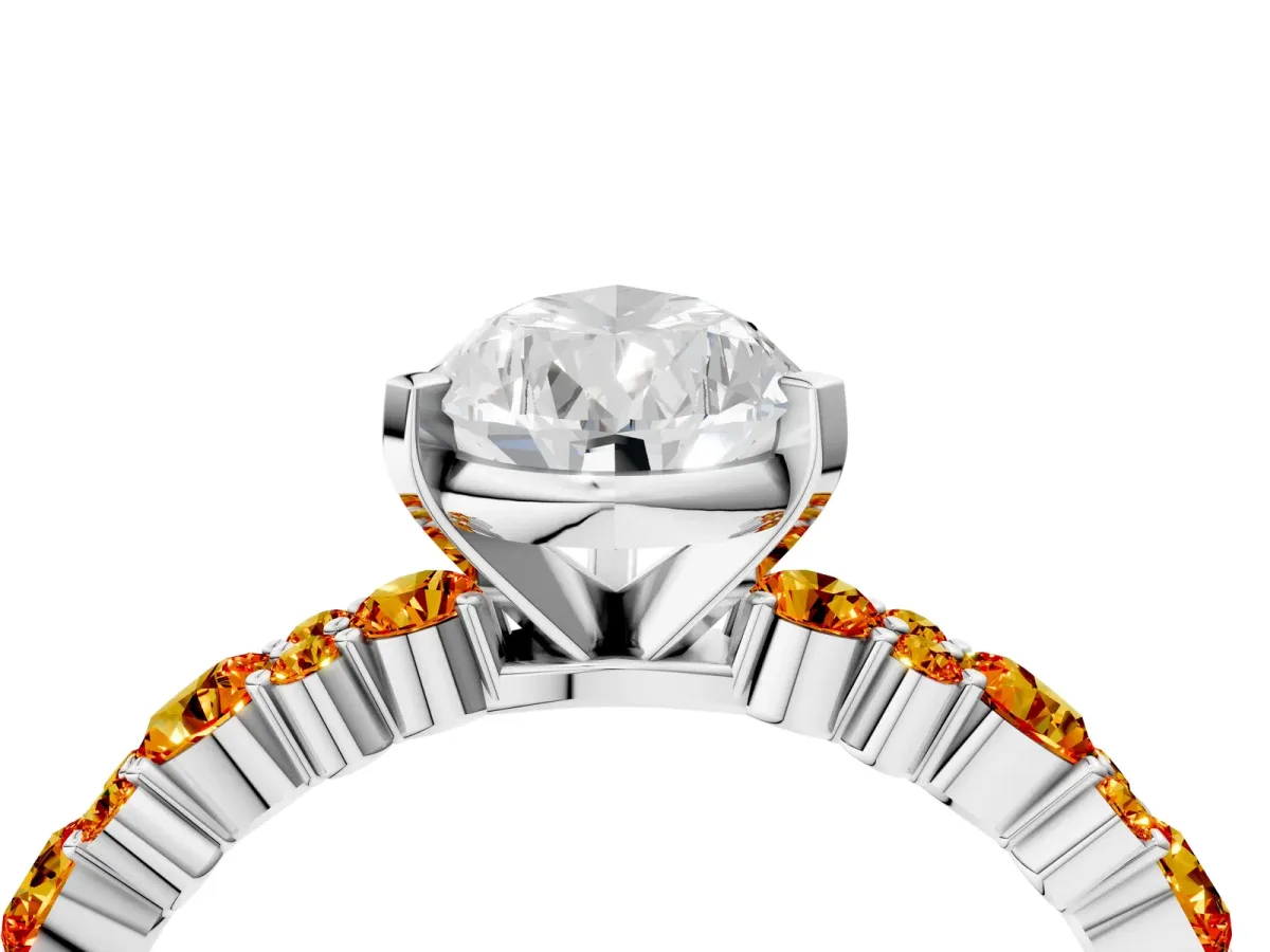Pear Cut Diamond Side Stone Solitaire Ring with Round Citrine and Four-Prong Setting White gold