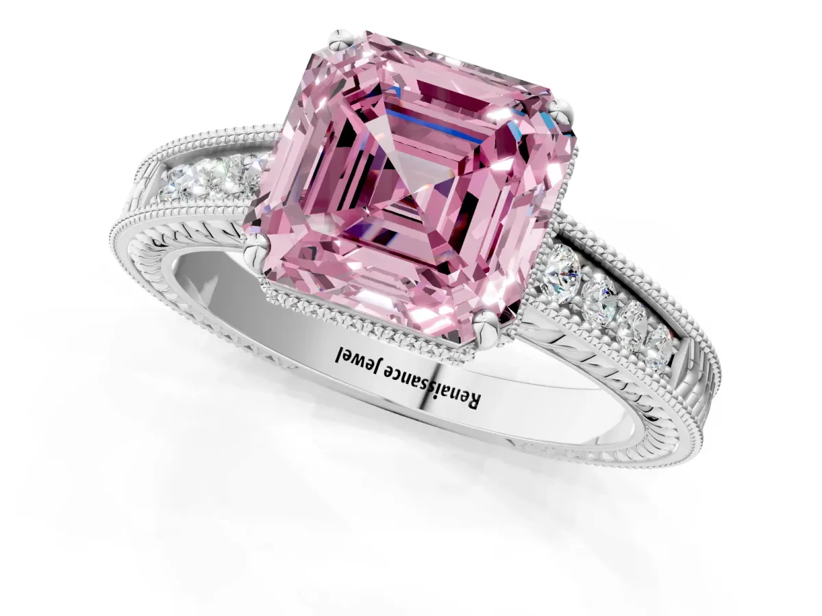 Fancy Pink Asscher Cut Cut Diamond Milgrain Pave Band Four-Prong Setting Ring Platinum