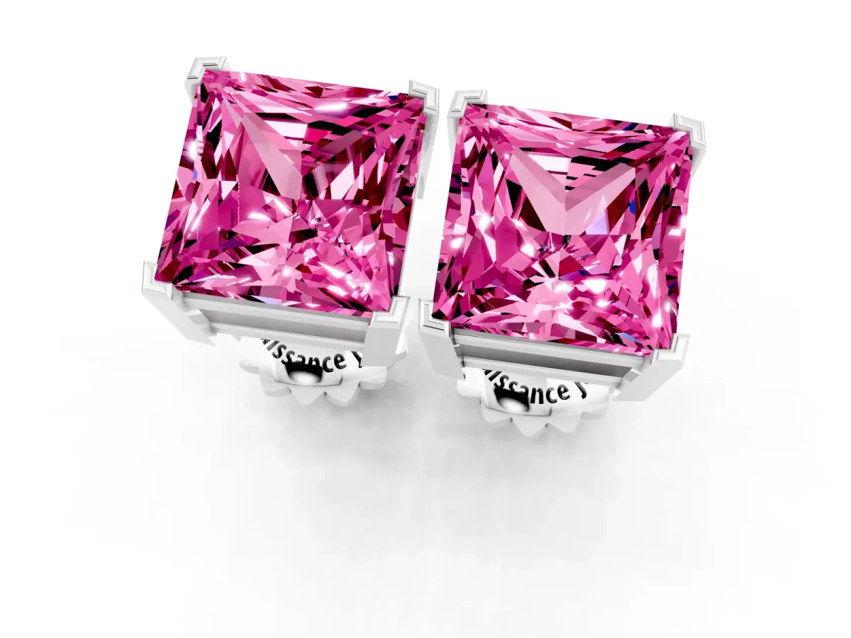 Princess Cut Pink Sapphire Stud Earrings Silver