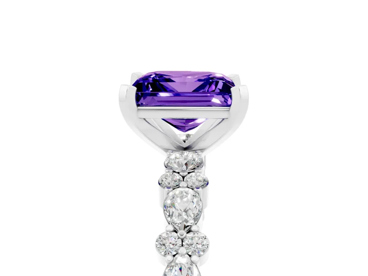 Princess Cut Tanzanite Side Stone Solitaire Ring with Round and Four-Prong Setting Platinum