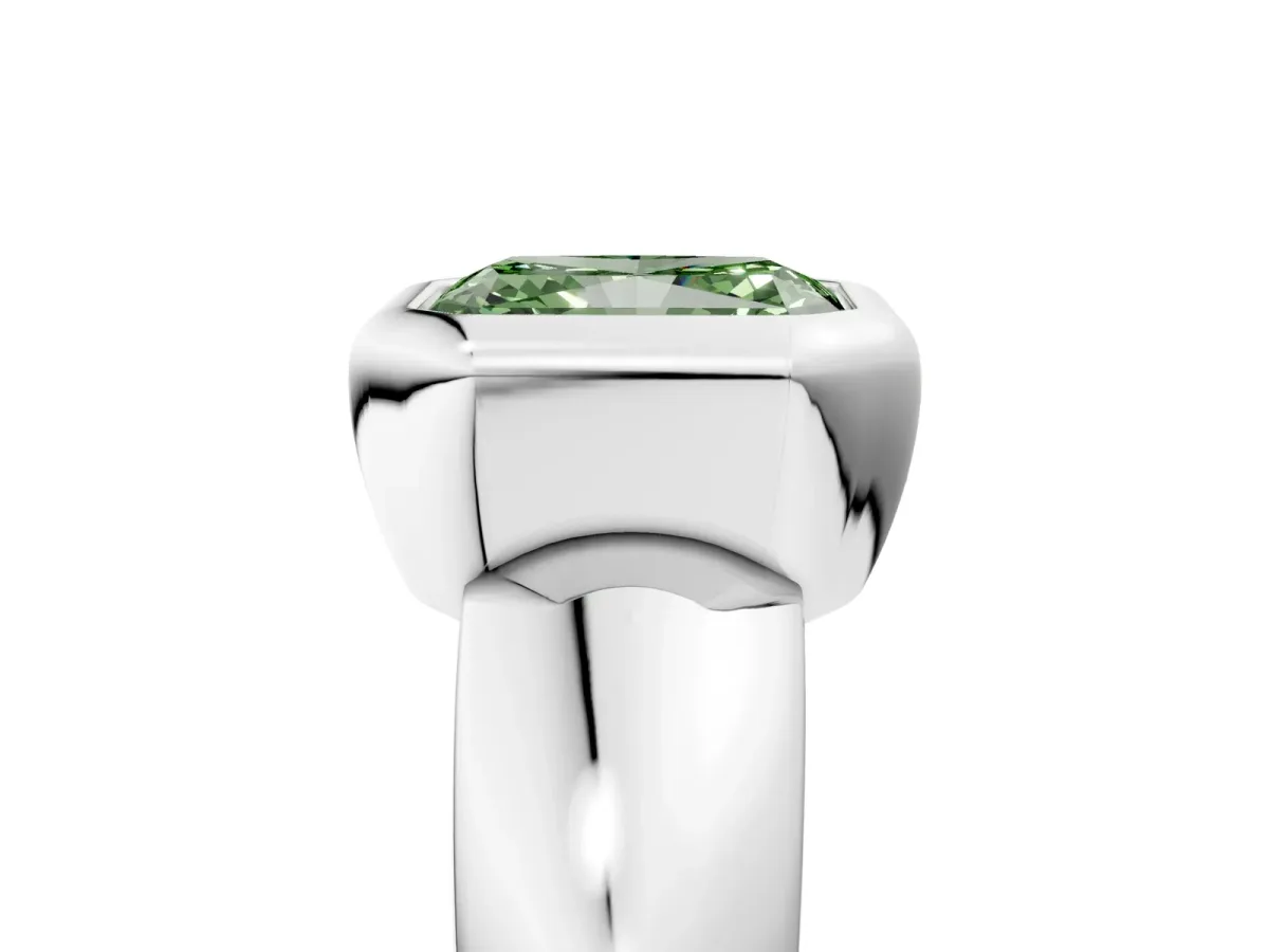 Fancy Green Bezel Set Radiant Cut Solitaire Ring with Wide Band Platinum