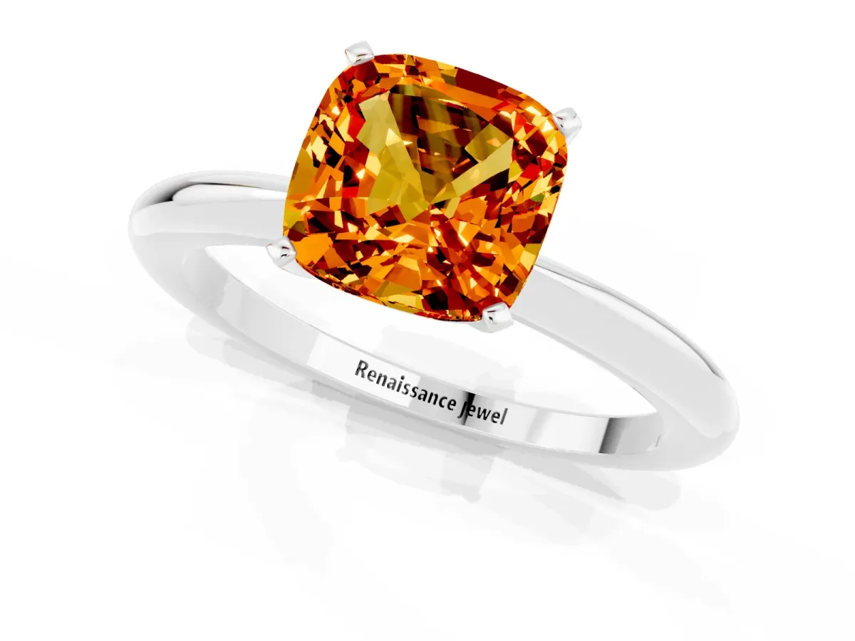 Cushion Cut Citrine Solitaire Ring with Six-Prong Setting and Classic Band Platinum