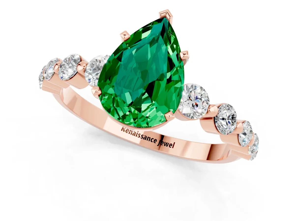 Pear Cut Solitaire Emerald Ring with Pave Band and Four-Prong Setting Rose gold