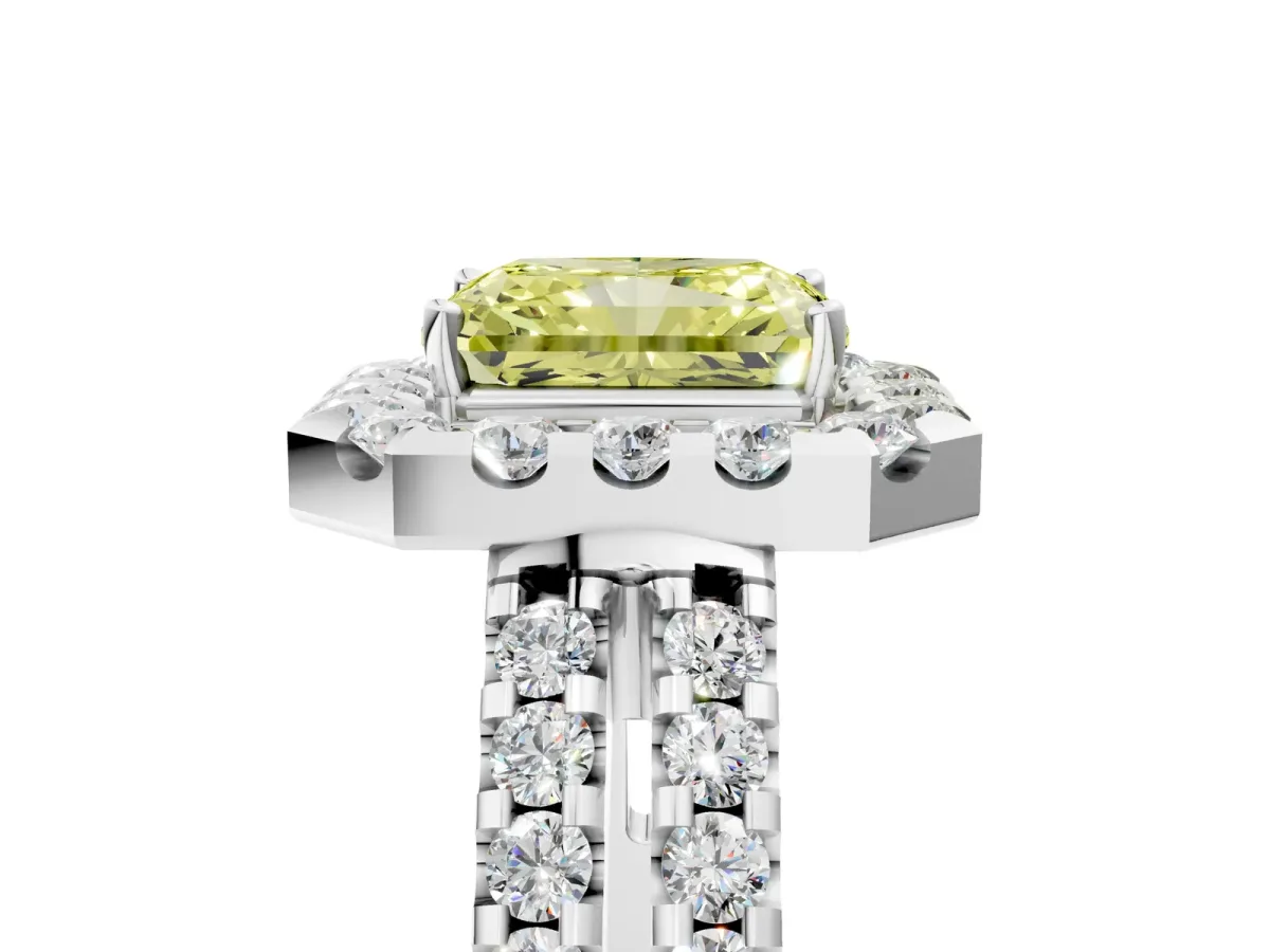 Fancy Yellow Radiant Cut Halo Diamond Split Shank Engagement Ring with Prong Setting Platinum