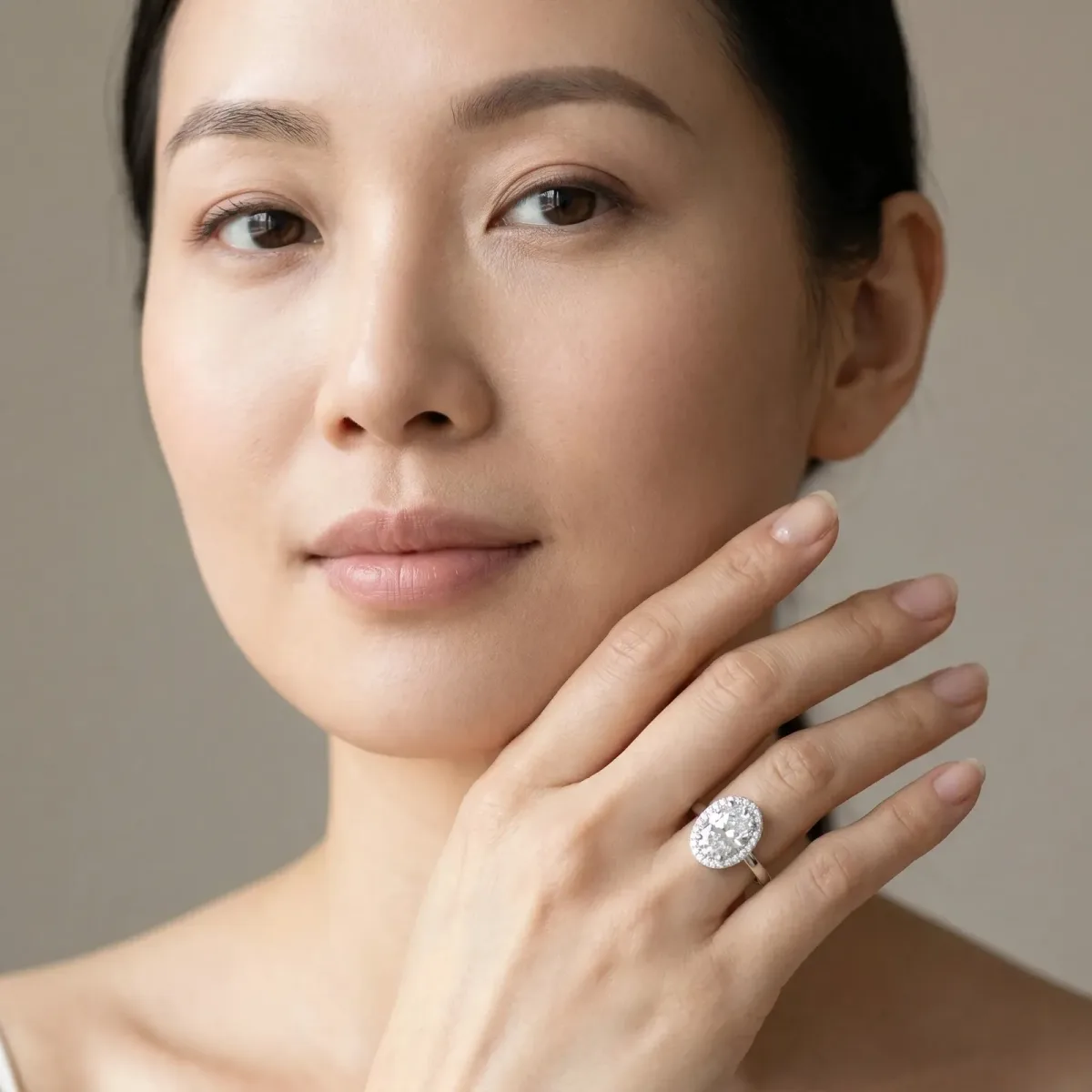 Oval Cut Diamond Bezel Halo Ring with Plain Band Silver