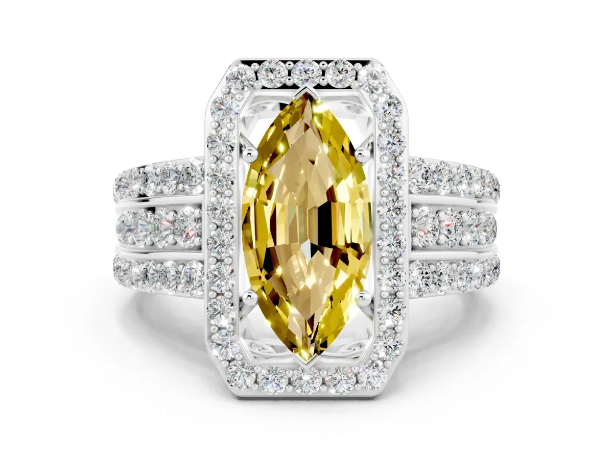 Marquise Cut Halo Yellow Sapphire Ring with Round Split Shank and Prong Setting Silver