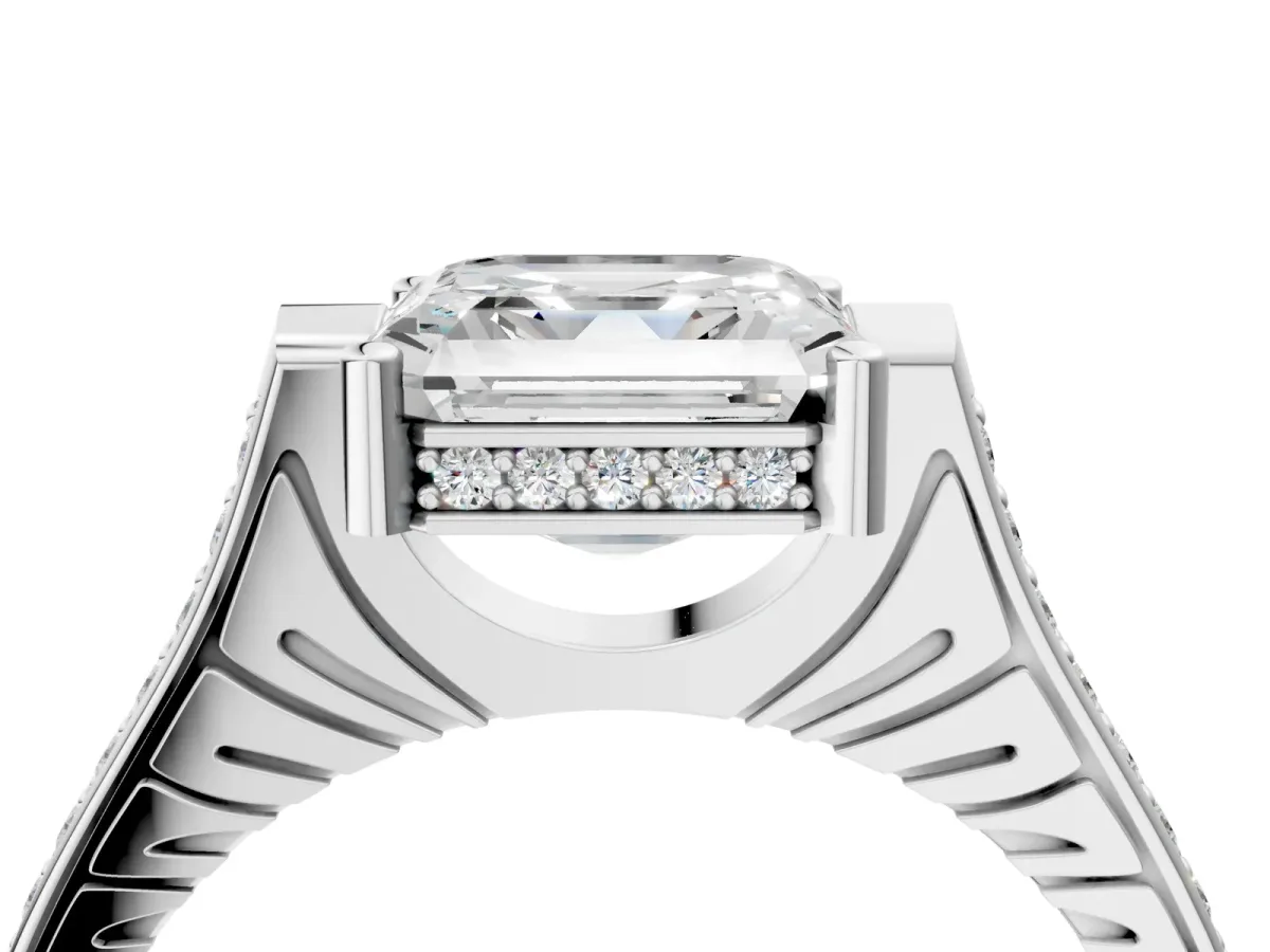 Asscher Cut Solitaire Diamond Ring with Channel Set Band and Bezel Prong Setting Platinum