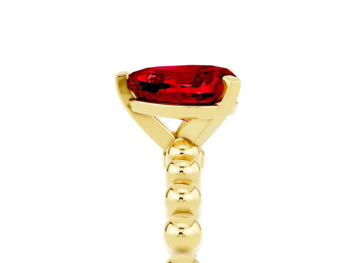 Heart Cut Ruby Solitaire Ring with Beaded Band and Prong Setting Yellow gold