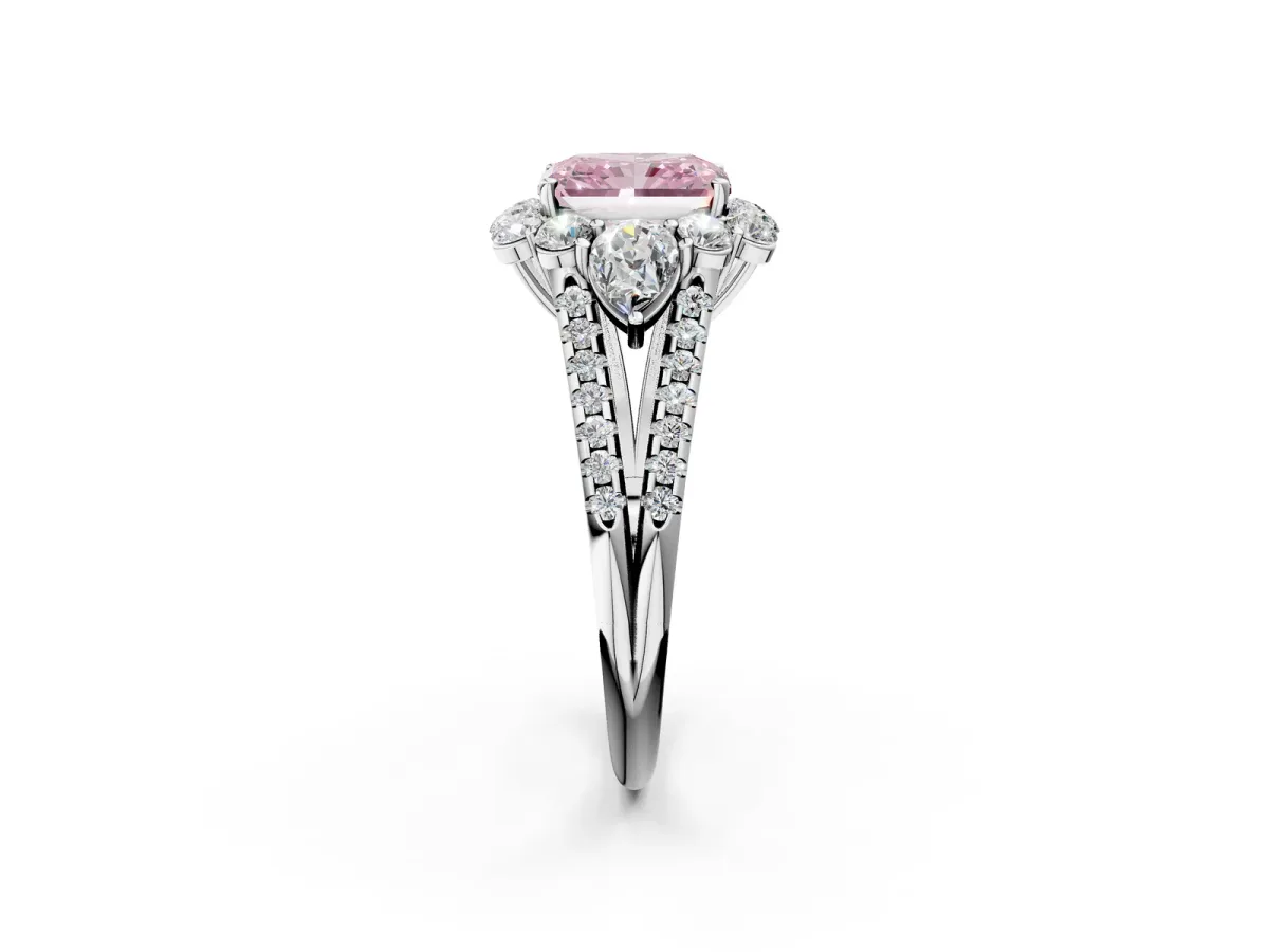 Fancy Pink Radiant Cut Halo Split Shank Diamond Engagement Ring with Prong Setting Platinum