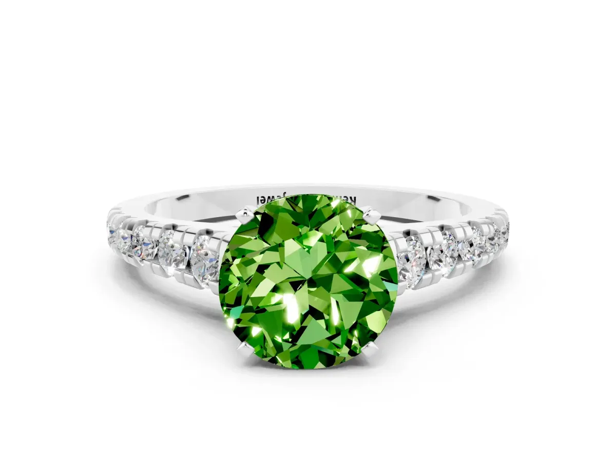 Round Cut Peridot Cathedral Solitaire Ring with Round Pavé Band Silver