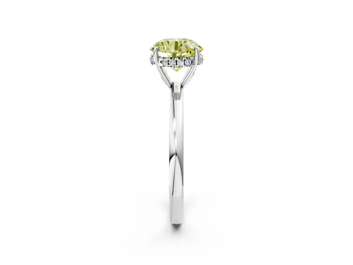 Fancy Yellow Round Cut Solitaire Diamond Ring with Prong Setting and Plain Band Platinum