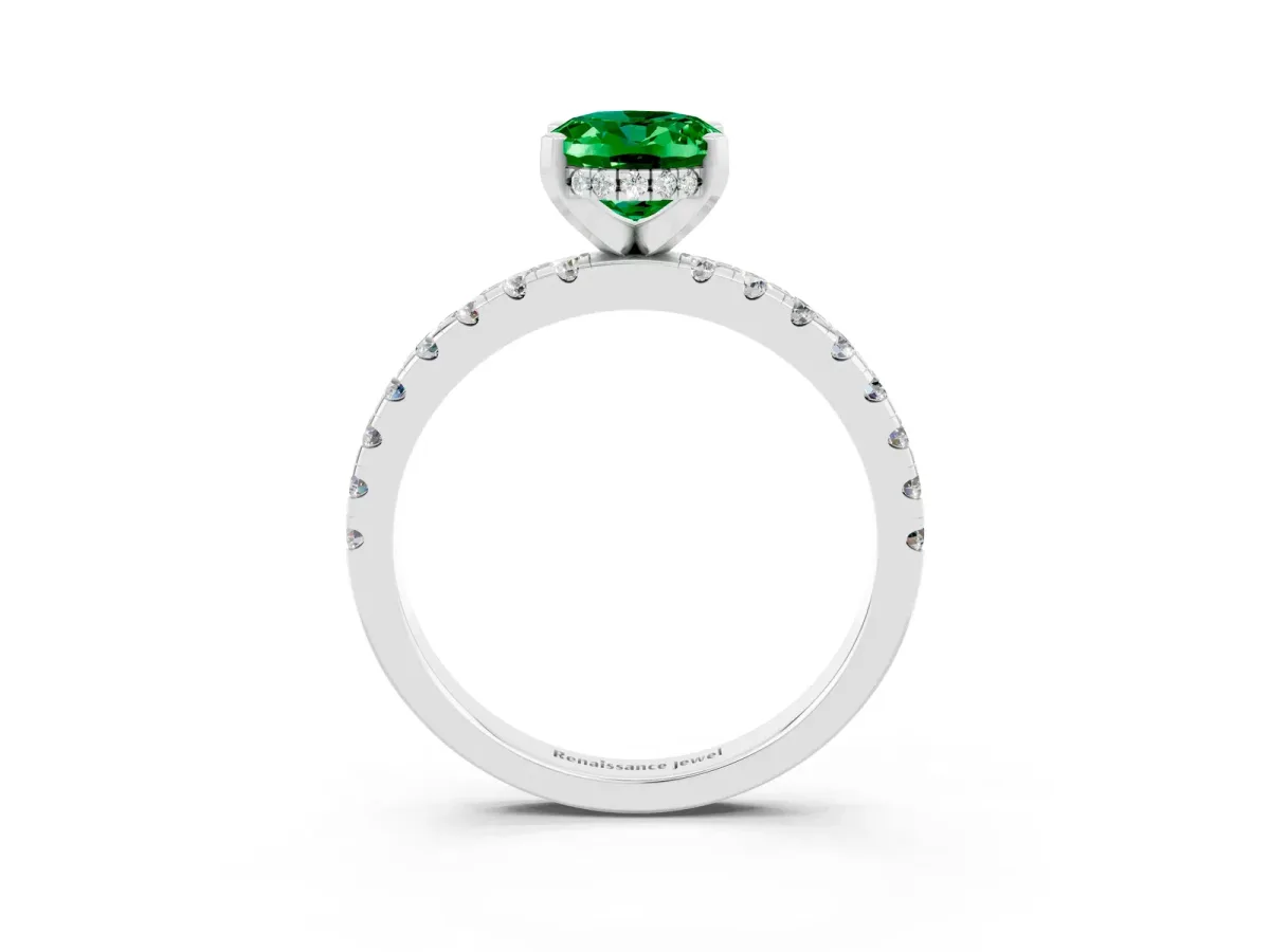 Oval Cut Emerald Solitaire Ring with Round Pavé Band and Four-Prong Setting Silver
