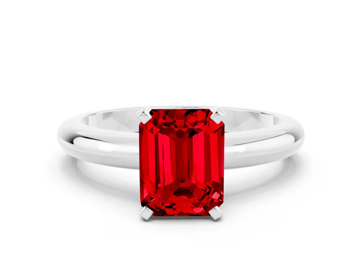 Emerald Cut Ruby Solitaire Engagement Ring with Round Band and Four-Prong Setting Silver