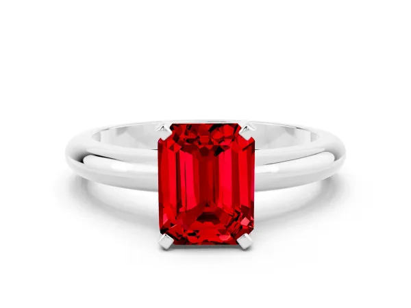Emerald Cut Ruby Solitaire Engagement Ring with Round Band and Four-Prong Setting Silver