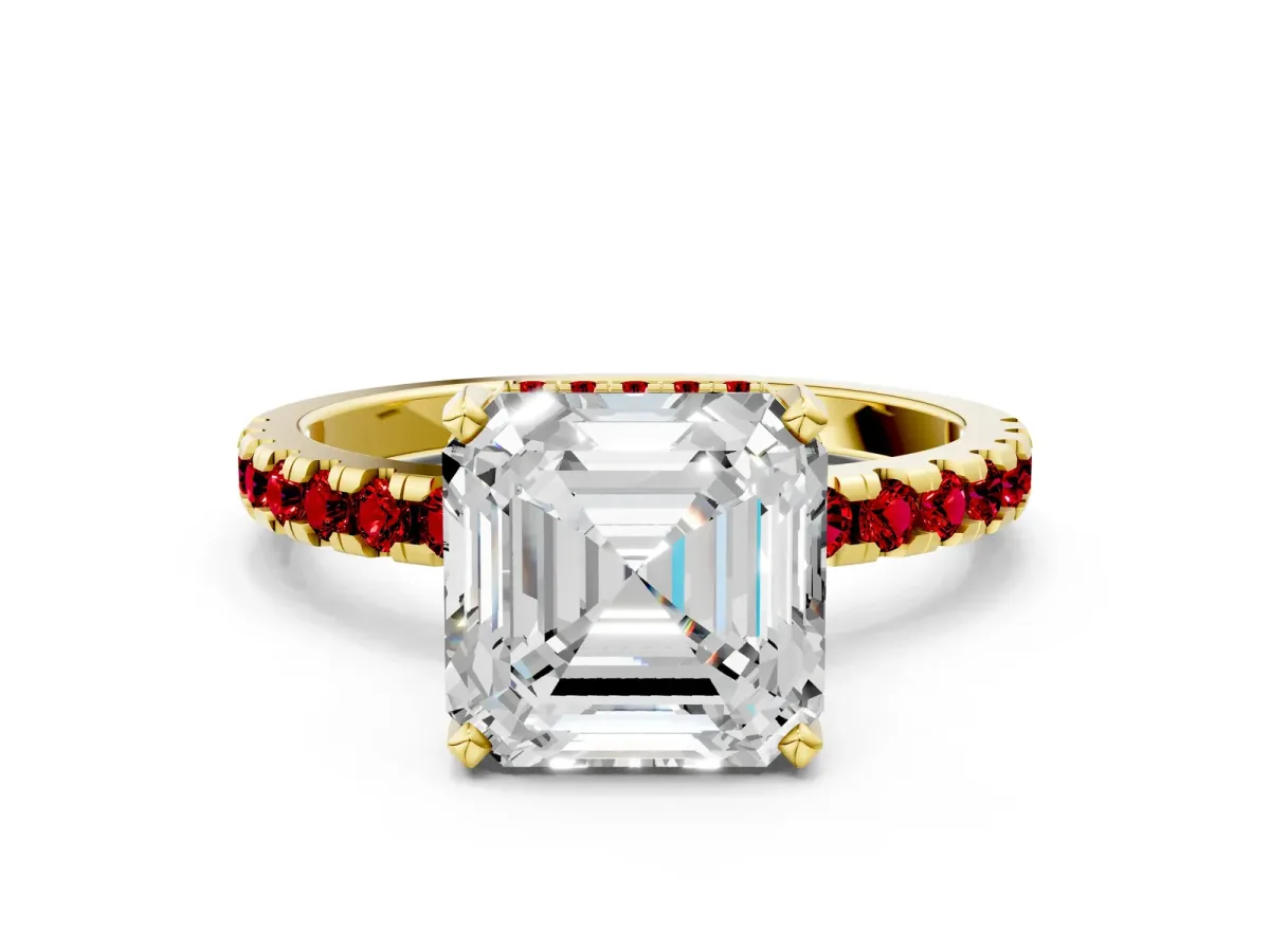 Asscher Cut Diamond Solitaire Ring with Round Ruby Pavé Band and Four-Prong Setting Yellow gold