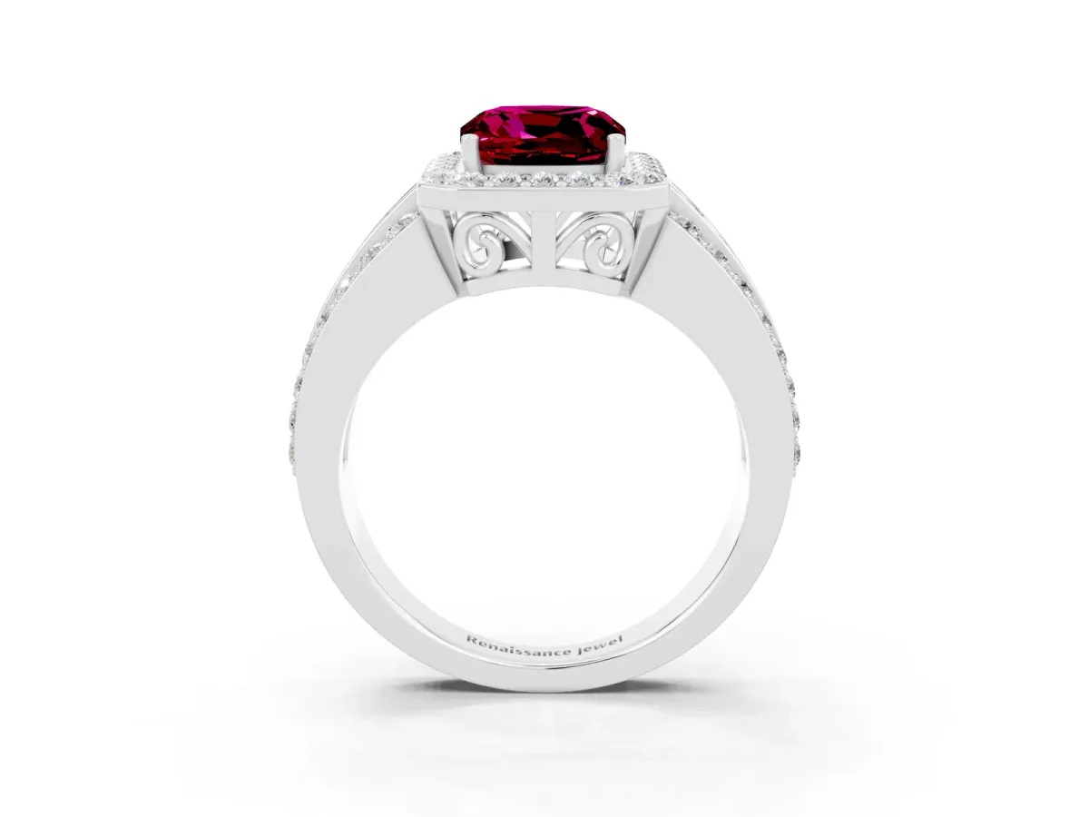 Cushion Cut Halo Garnet Ring with Round Split Shank and Prong Setting Platinum