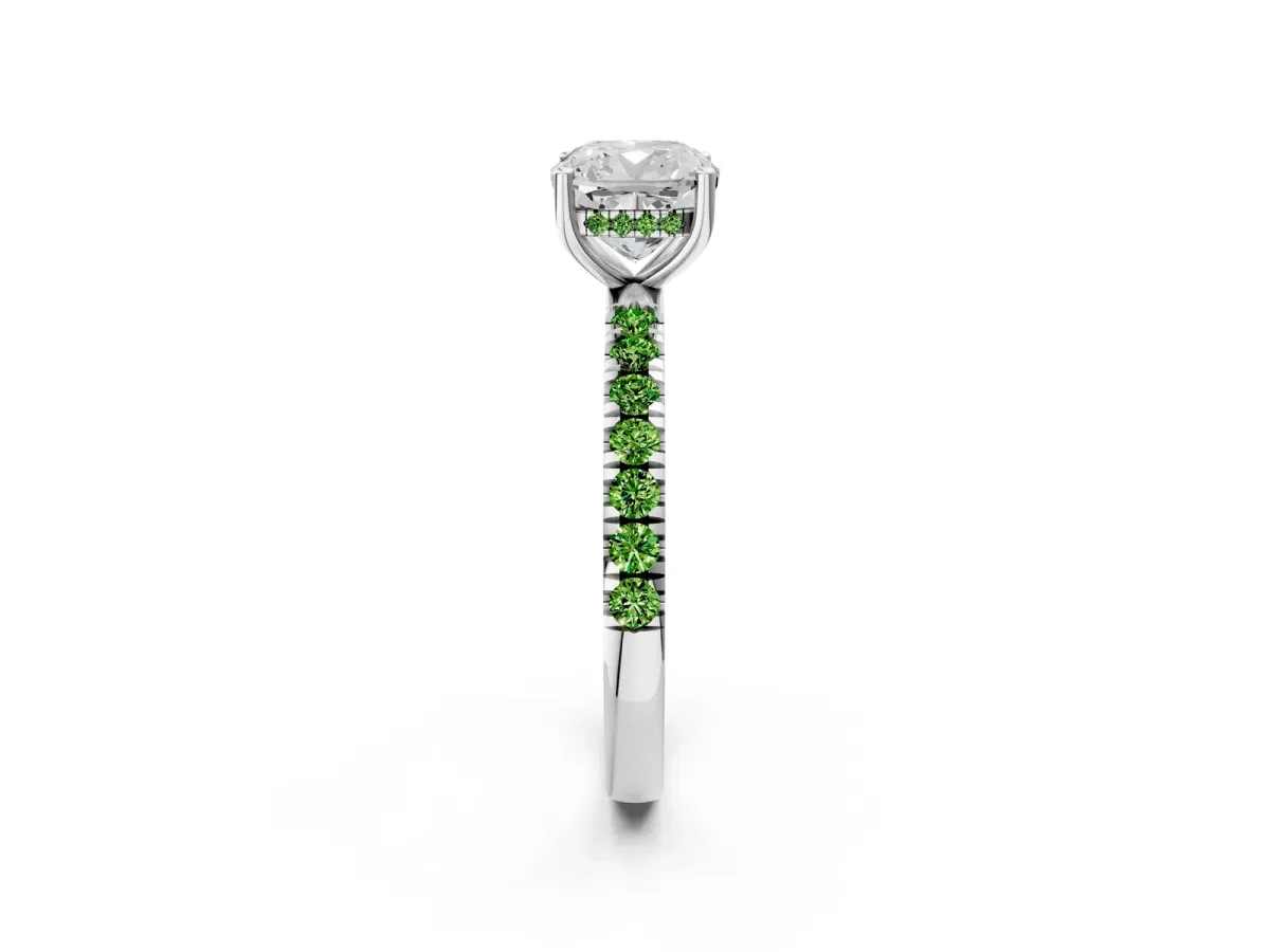 Cushion Cut Diamond Pave Band Solitaire Ring with Round Peridot and Prong Setting Silver
