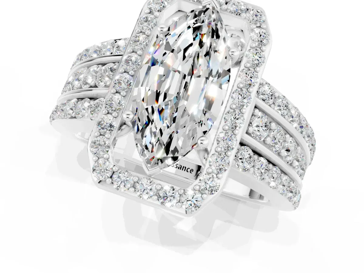 Marquise Cut Halo Moissanite Ring with Round Split Shank and Prong Setting Silver