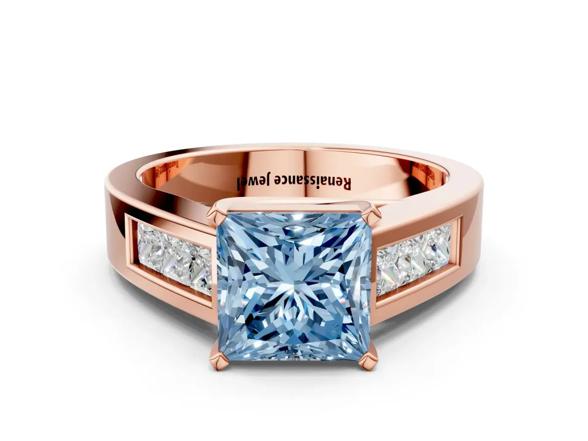 Fancy Blue Princess Cut Cut Channel Set Solitaire Ring with Four-Prong Setting Rose gold