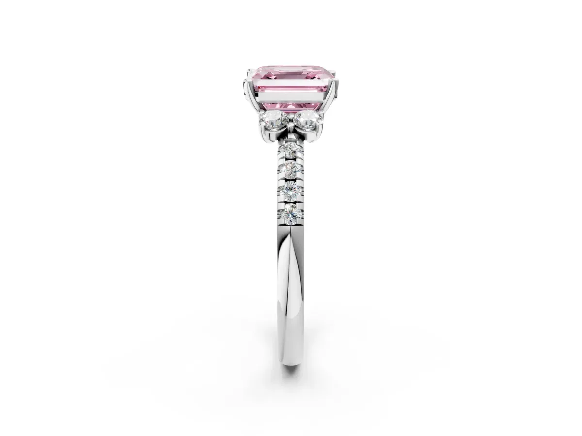 Fancy Pink Asscher Cut Diamond Three-Stone Pave Band with Four-Prong Setting Platinum