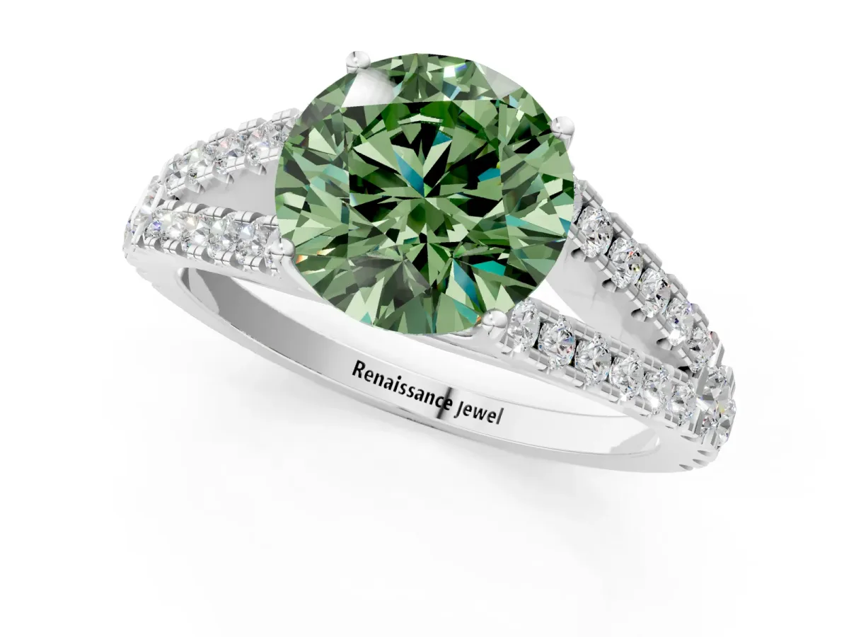 Fancy Green Round Cut Diamond Split Shank Engagement Ring with Round Pavé and Prong Setting Platinum