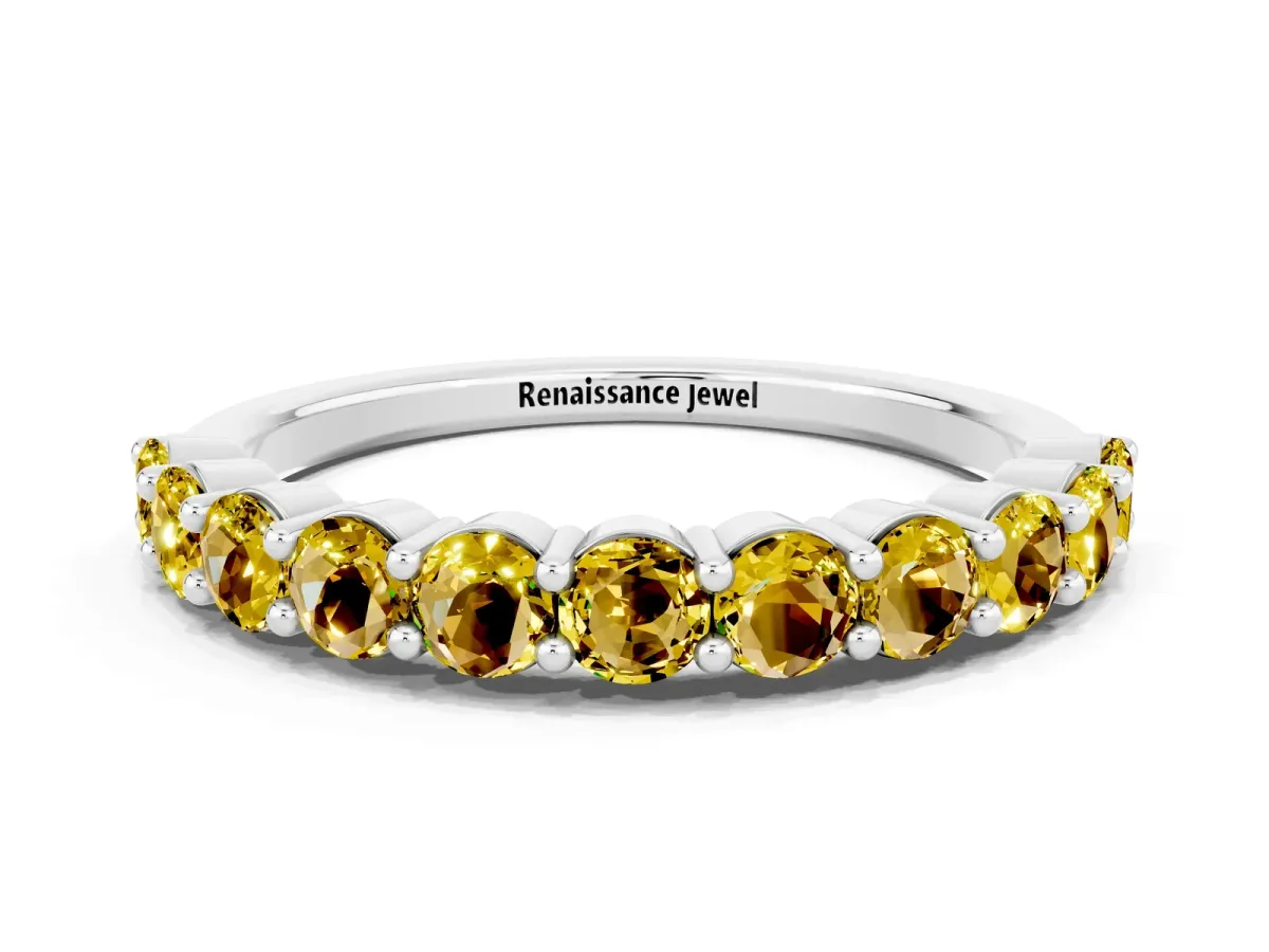 Round Yellow Sapphire Half Eternity Band with Prong Setting Silver