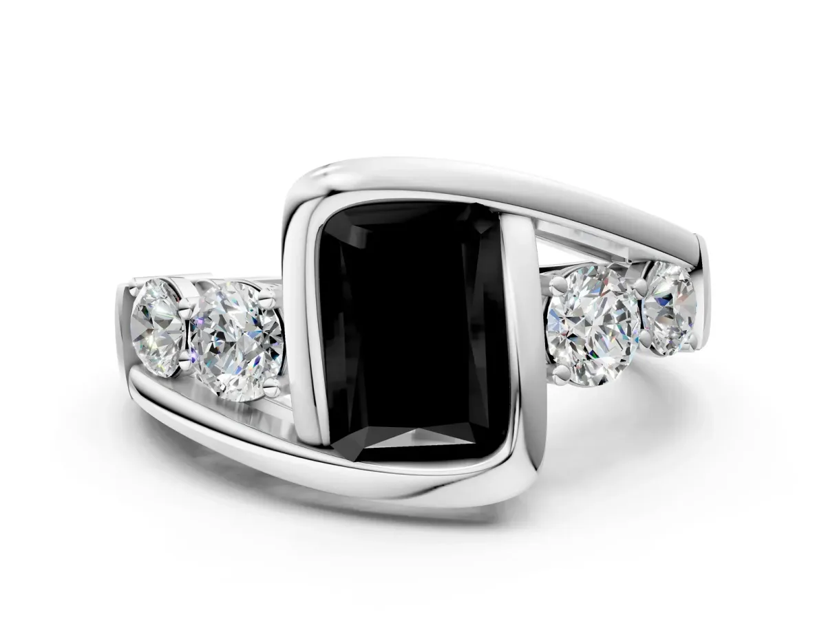Fancy Black Bezel Set Radiant Cut Diamond Bypass Ring with Round Accents Platinum