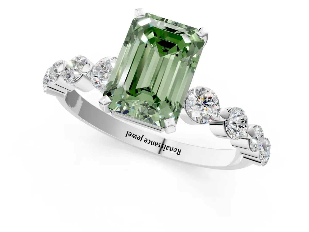 Fancy Green Emerald Cut Solitaire Diamond Ring with Pave Band and Four-Prong Setting Platinum