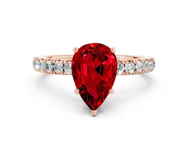 Pear Cut Ruby Pave Band Solitaire Ring with Round and Prong Setting Rose gold