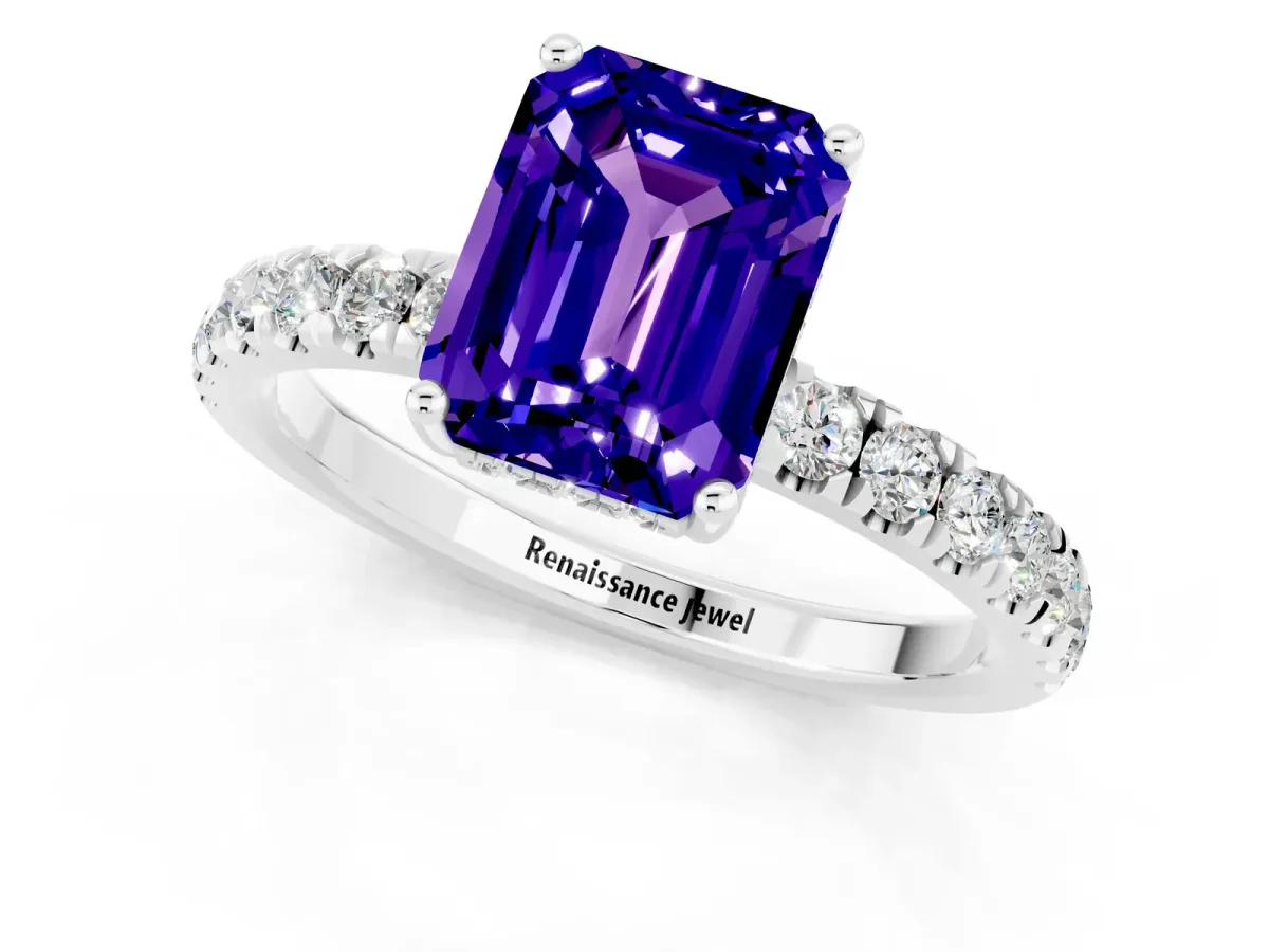 Emerald Cut Tanzanite Pave Band Solitaire Ring with Round and Prong Setting Silver