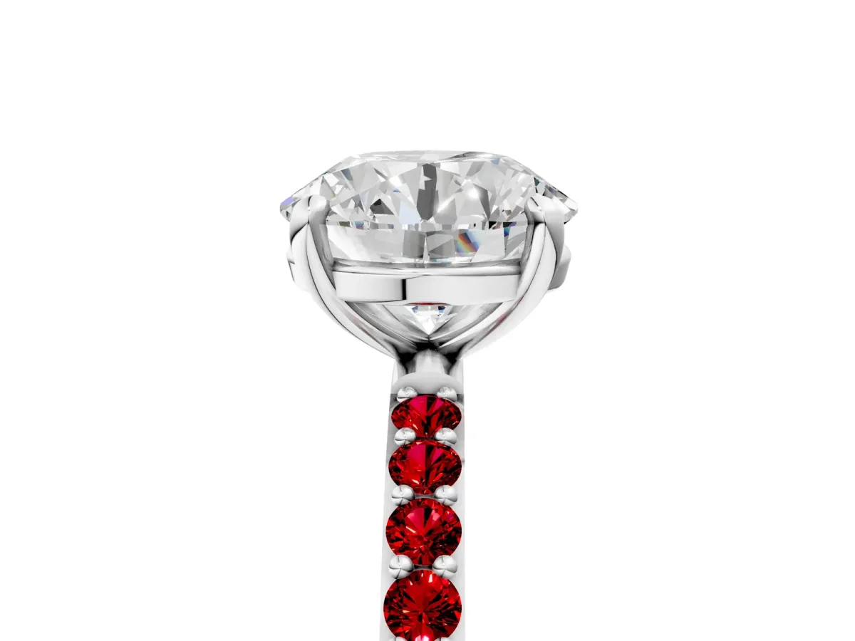 Round Cut Diamond Solitaire Ring with Round Ruby Pavé Band and Prong Setting Silver