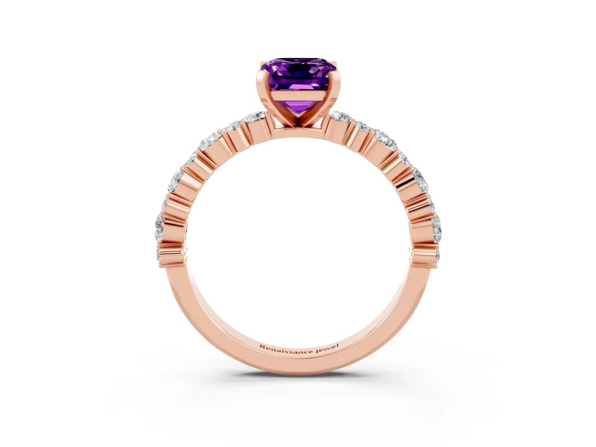 Emerald Cut Amethyst Side Stone Solitaire Ring with Round and Four-Prong Setting Rose gold