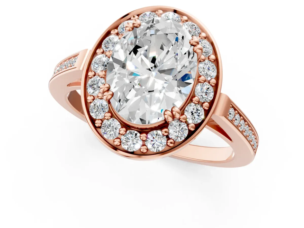 Oval Cut Diamond Halo Ring with Split Shank and Four-Prong Setting Rose gold