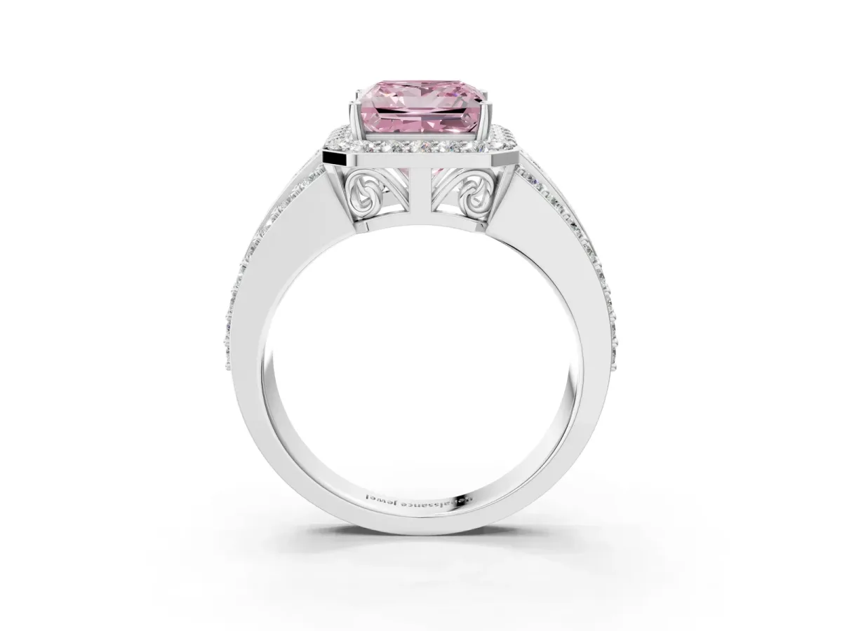 Fancy Pink Princess Cut Halo Diamond Ring with Round Split Shank and Prong Setting Silver