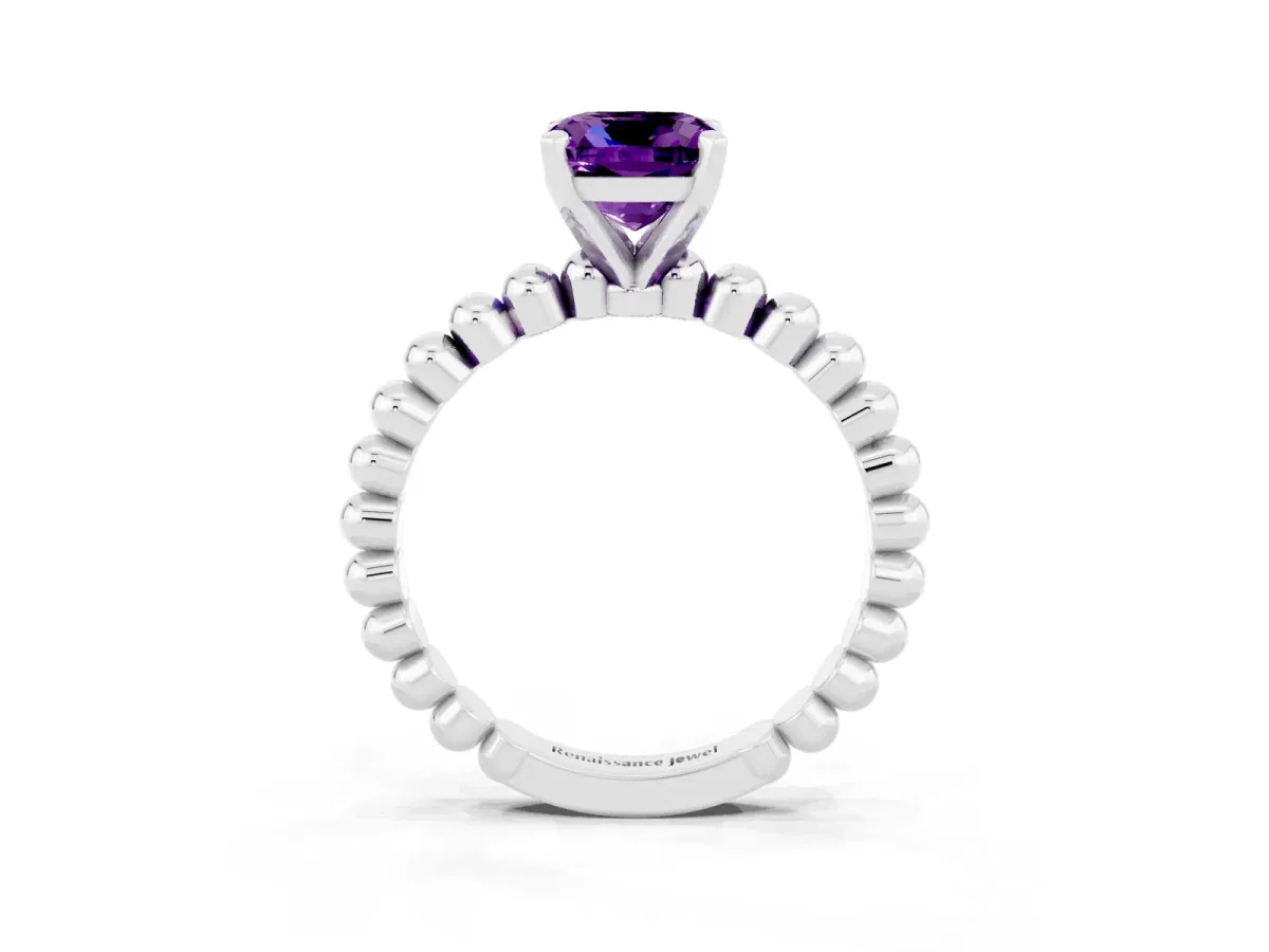 Cushion Cut Amethyst Solitaire Ring with Beaded Band and Prong Setting White gold